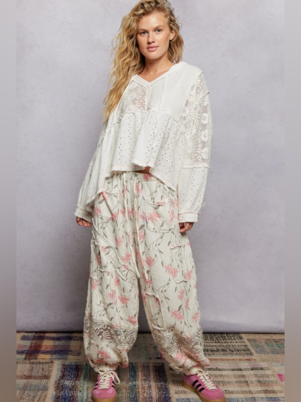 ⚡️ POL “ Flower Festival Hoodie “ Patchwork Lace Top | White - Picture 6 of 6